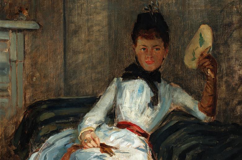 An oil painting of a woman in white with a black bonnet sitting on a chaise longue and holding a fan.