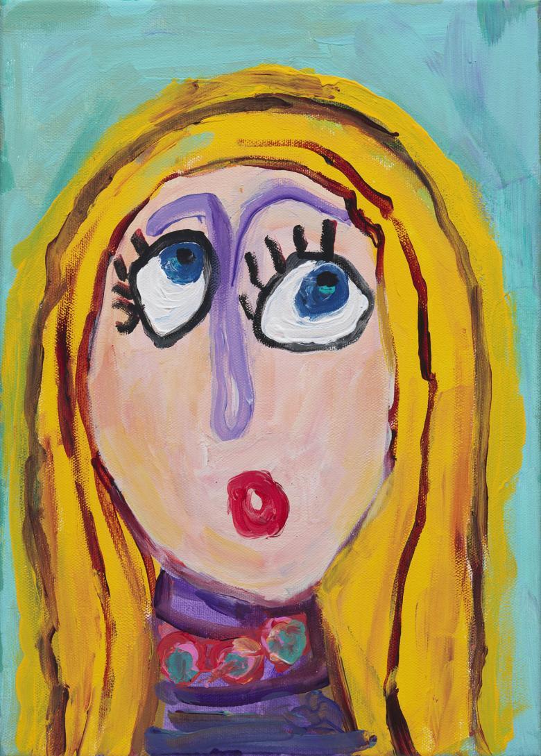 Child's painting of a bust-length portrait of a woman with blonde hair and a purple nose. Her eyes are cast upwards.