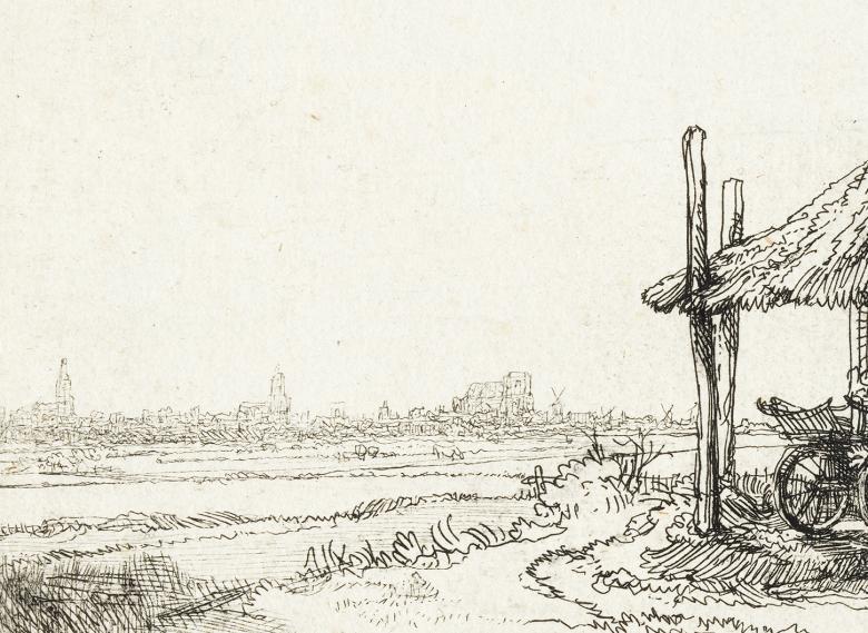 A detail from an etching by Rembrandt showing city on the horizon. To the right, a modest rural dwelling is visible, including the wheel of a cart.