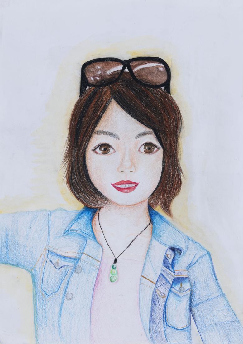 Child's watercolour painting of a half-length portrait of a women with short brown hair, sunglasses on top of her head and wearing a denim jacket