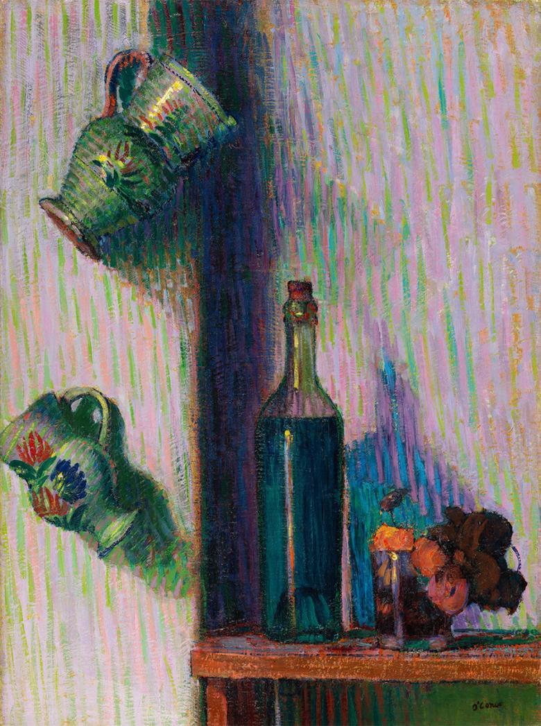 Impressionist style painting of two jugs hanging on a wall with a wine bottle in the foreground and a small vase of flowers