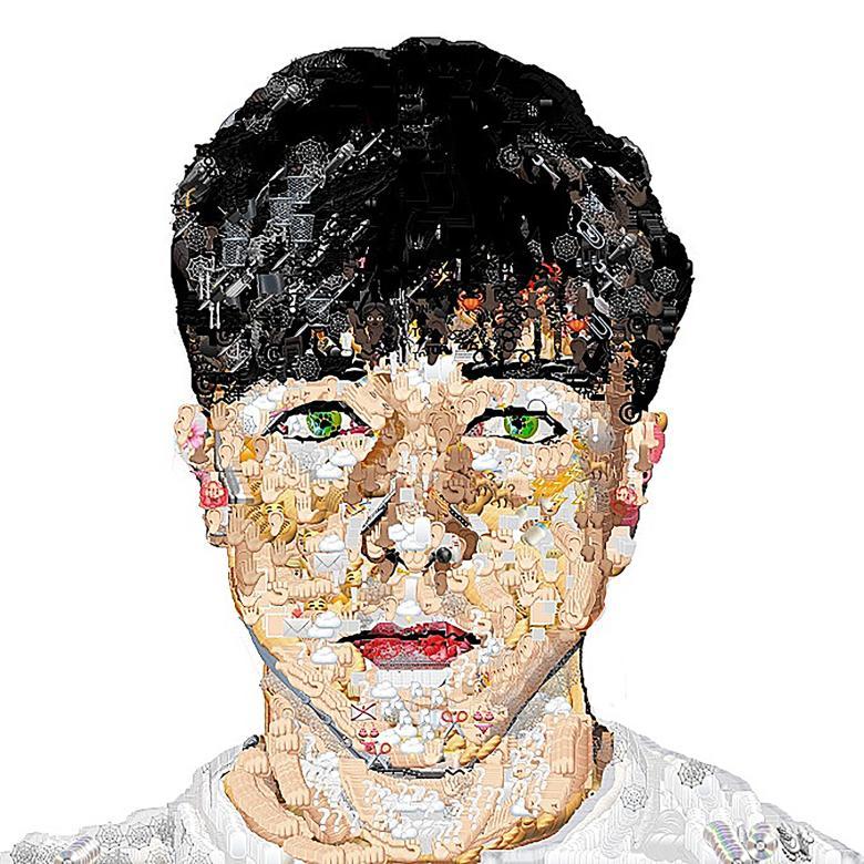 Portrait of a young boy with a white t-shirt and dark hair, made entirely of emoticons