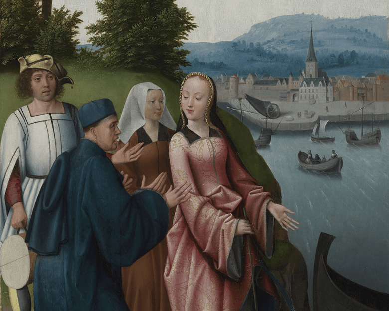Painting of a woman in a pink dress getting into a boat with a man dressed in blue, a man dressed in white and a women in a white headdress.