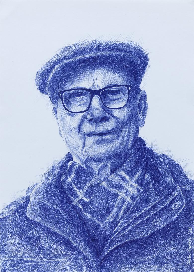Blue ballpoint pen portrait of an elderly man wearing a flat cap, coat and tartan scarf