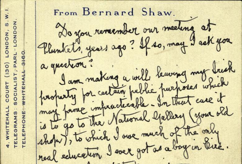 Detail of a handwritten postcard from G.B. Shaw to Thomas Bodkin