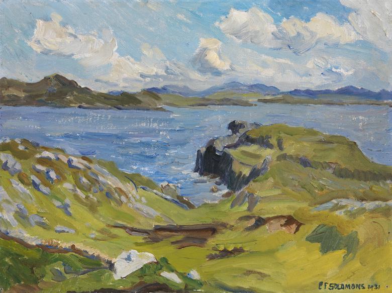 Expressive landscape painting of a coastal landscape on a bright day