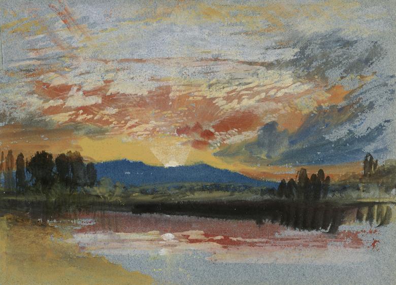 A watercolour painting of a sun setting over a landscape - lots of reds, yellows, blues and amber