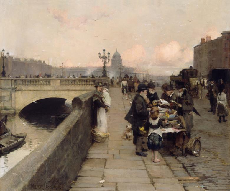 An oil painting of a city scene. On the quays, a stall is selling books, with people gathered around looking. A woman stands by the wall, holding a child. In the background there's a bridge, and buildings silhouetted on the pink-grey sky of dusk.