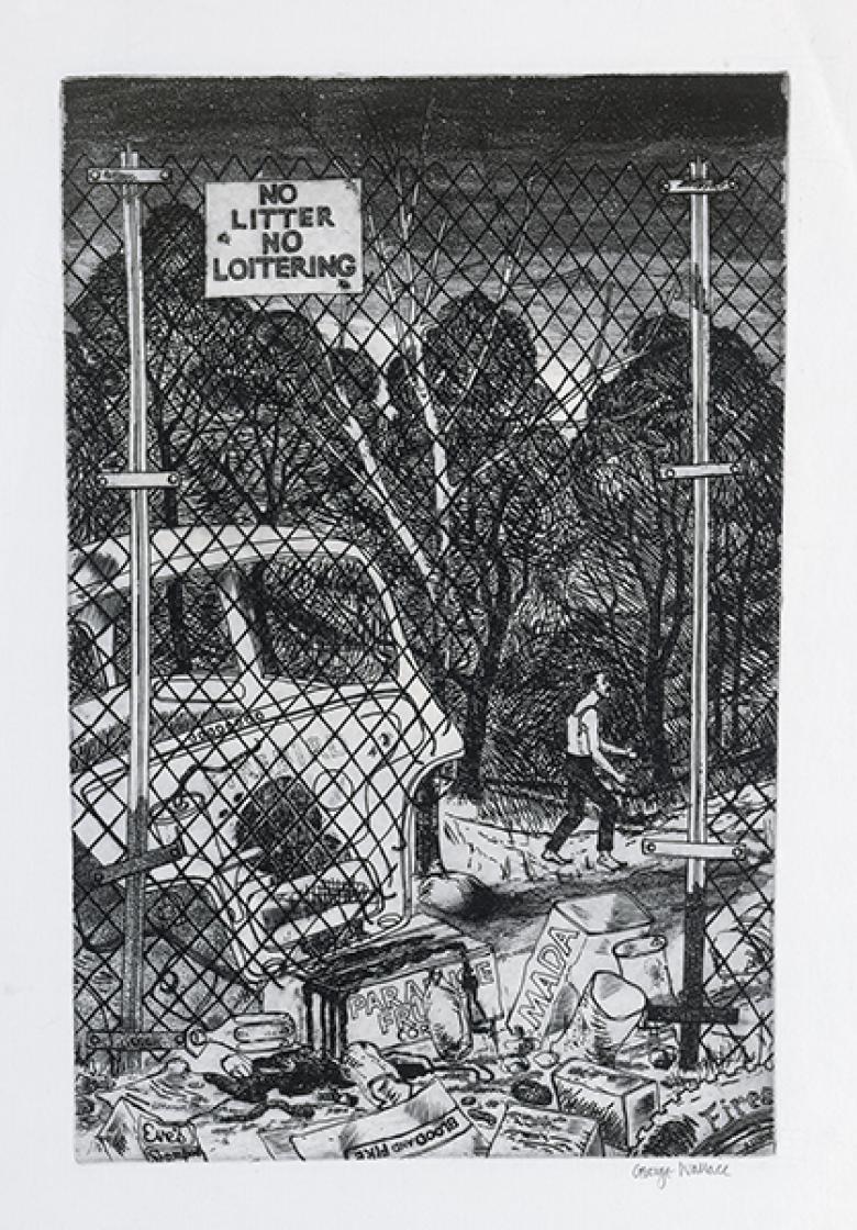 Drawing depicting a broken down car and a man behind a wire fence, with a sign saying No Litter, No Loitering