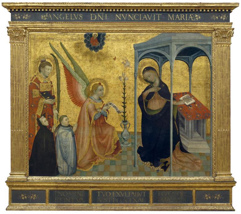 Gilded altarpiece showing Angel Gabriel telling Mary she will have a son.