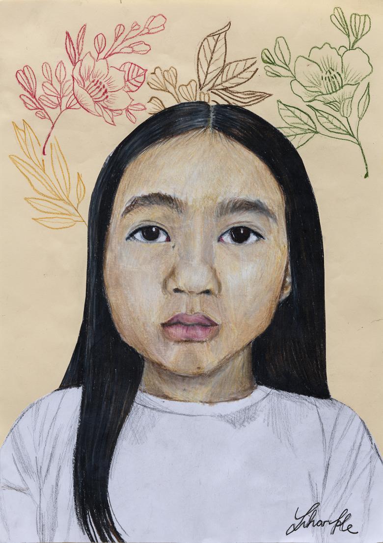 Self-portrait of a young girl with dark hair and a lilac top, drawn surrounded by flowers