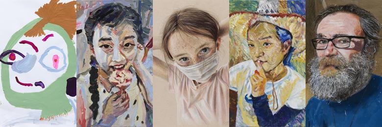 Compilation image of five portraits in varying styles