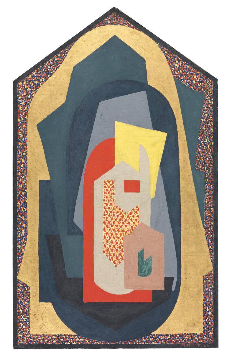 Abstract composition of shapes in a frame shaped like an altarpiece