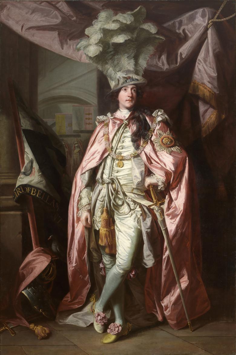 Full length portrait of man wearing a pink cape and ostrich-feather hat