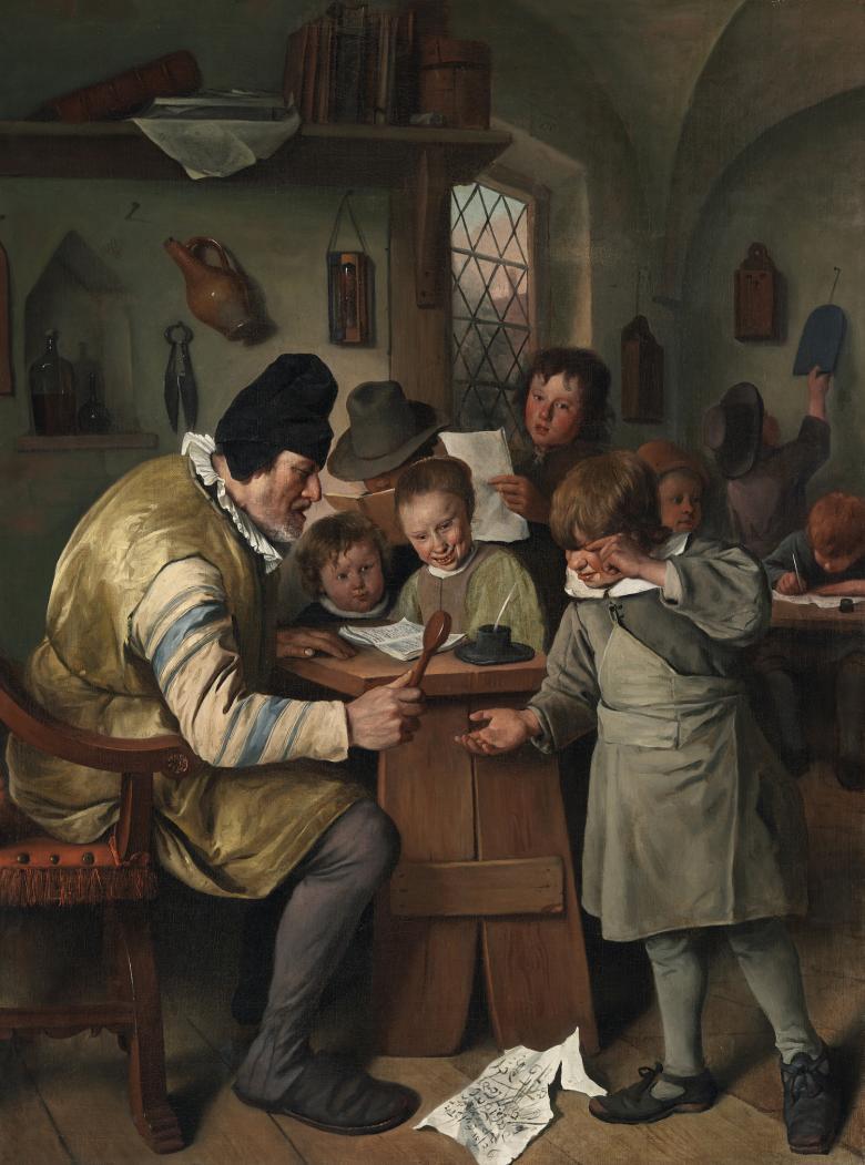 Oil painting of Dutch school room in seventeenth century with teacher hitting crying child's hand with wooden spoon as other children watch