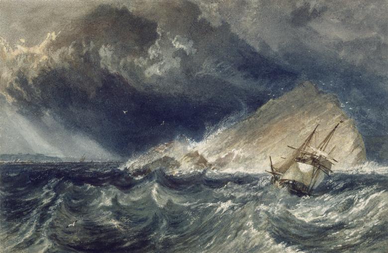 Stormy seascape painting with ship against a large rock and dark stormy clouds in the sky