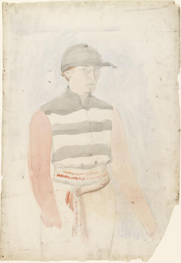 Muted-coloured painting of a woman wearing a striped jockey's outfit
