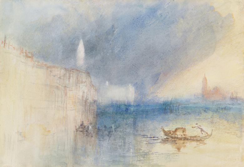 A watercolour by J.M.W. Turner showing purple storm clouds at the mouth of the Grand Canal in Venice and a gondola in the foreground.