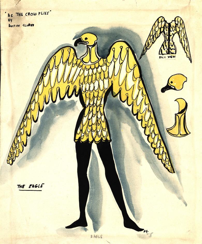 A watercolour ink and pencil drawing of a costume - the figure has the wings and head of a crow, and the legs of a human. Details of the wings and head are sketched to the side.