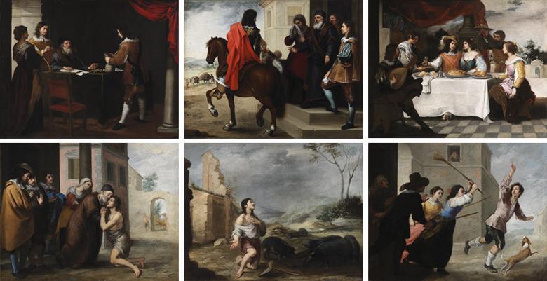 Collage of six paintings of the Prodigal Son by Murillo