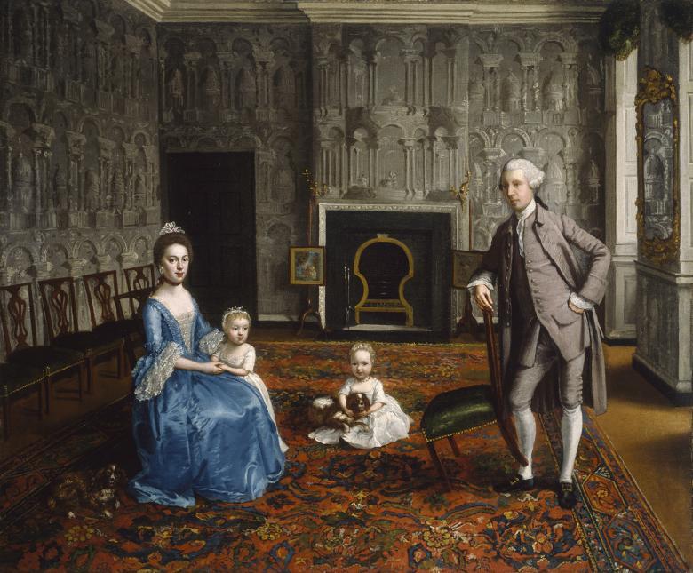 Painted portrait of a family in an interior