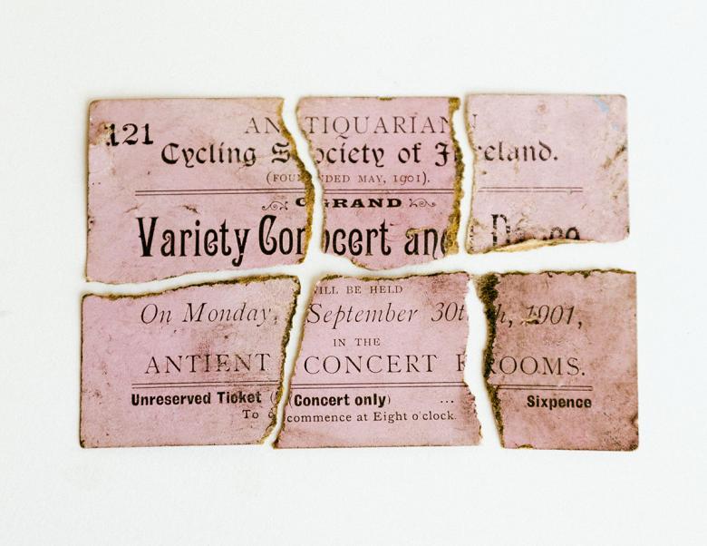 A torn up ticket for a variety concert, dating from 1901, organised by the Antiquarian Cycling Society of Ireland
