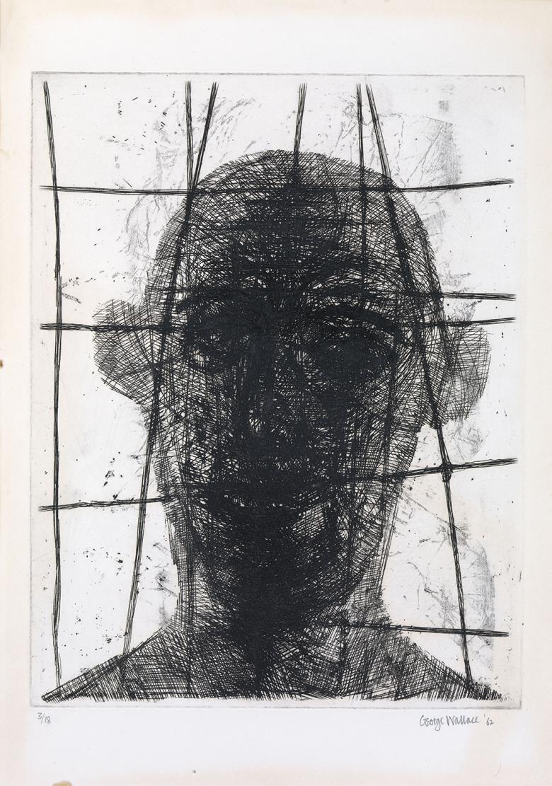Print of a man's head behind bars