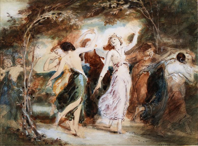 An ink, watercolour, graphite and gouache drawing of nymphs dancing.