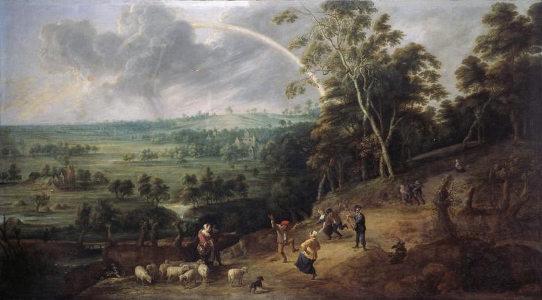 A country scene, with a picturesque landscape in the background as people dance in the foreground