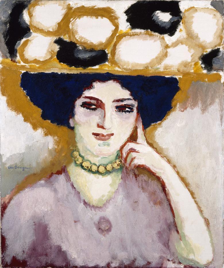 An Expressionist painting of a woman wearing a hat