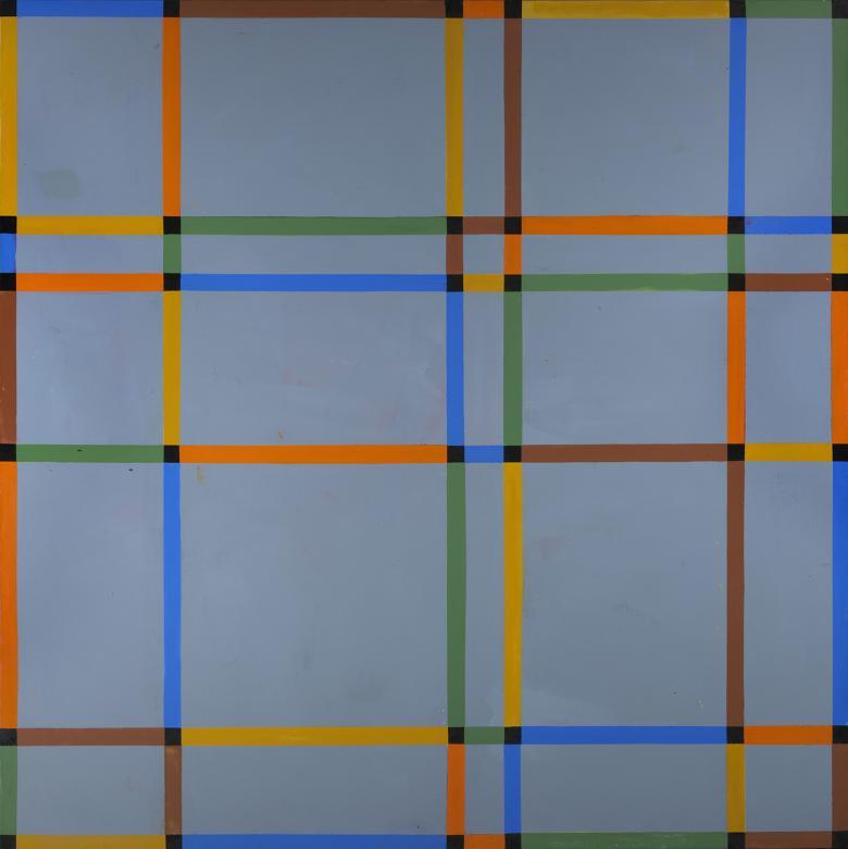 Acrylic on canvas, with thin coloured lines (blue, yellow, orange, green, black) intersecting across a pale blue-grey canvas