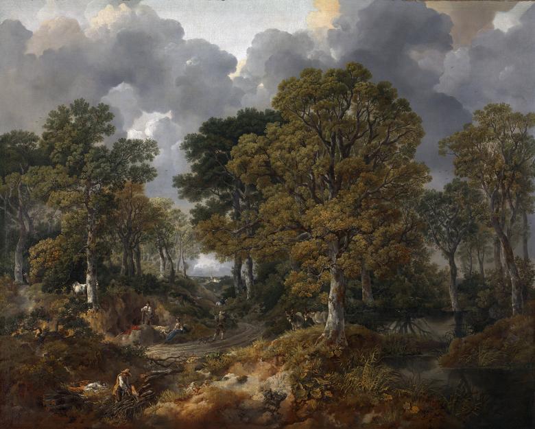 An oil painting of a wooded scene.