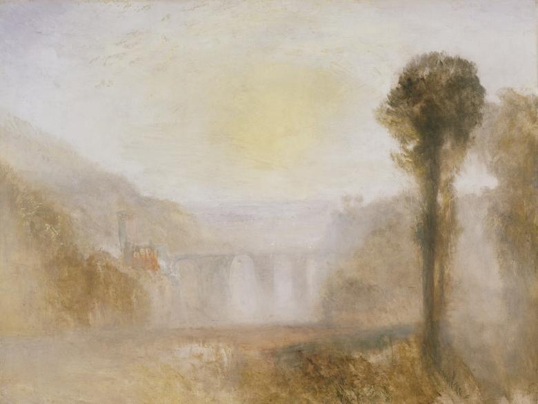 An oil painting of a landscape. In the right foreground, a clump of dark trees. Receding into the background, we can see a tall arched viaduct bridge.