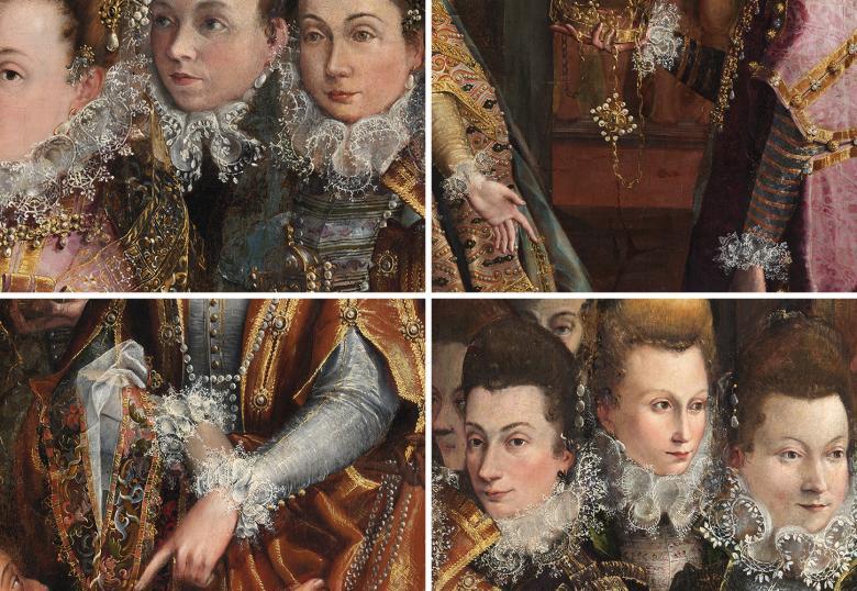 Image composed of four smaller images, detailing elaborate white lace cuffs and ruffs in different patterns