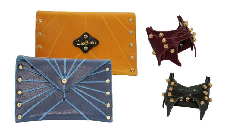 Product photos of leather card holders and leather wrist cuffs.