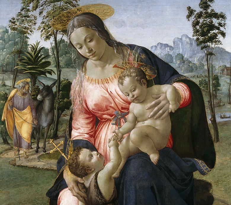 Painting showing Virgin Mary seated in a landscape with the Christ Child on her lap and St John the Baptist as an infant at her feet. Joseph leads a donkey in the background.