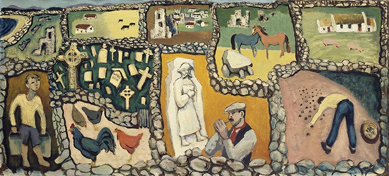 Stylised painting of a patchwork of fields, bordered by stone walls, and containing vignettes of people, animals and buildings.