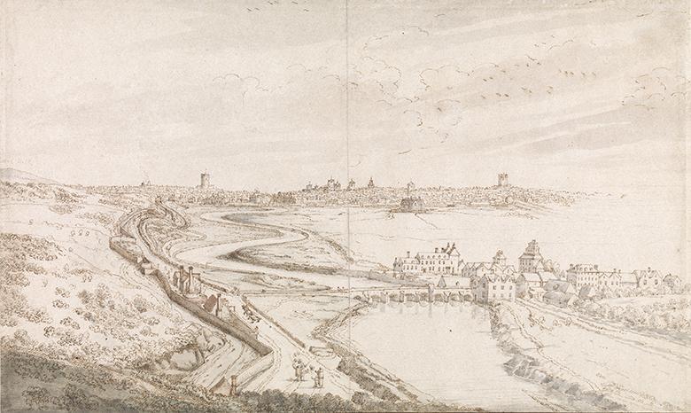 An ink and watercolour drawing of the view towards Dublin, from the Phoenix park, in the late seventeenth century.