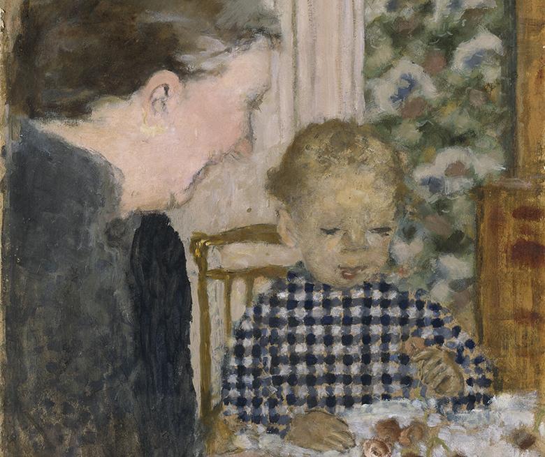 Oil painting showing young boy, wearing a black and white chequered top, seated at a table eating cherries. A woman is shown in profile at left, watching the child.
