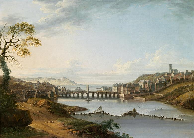 A classical landscape painting of a river with a weir in the foreground and a bridge and town in the distance.