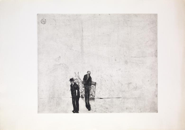 Etching of two small, thin figures in a large empty space
