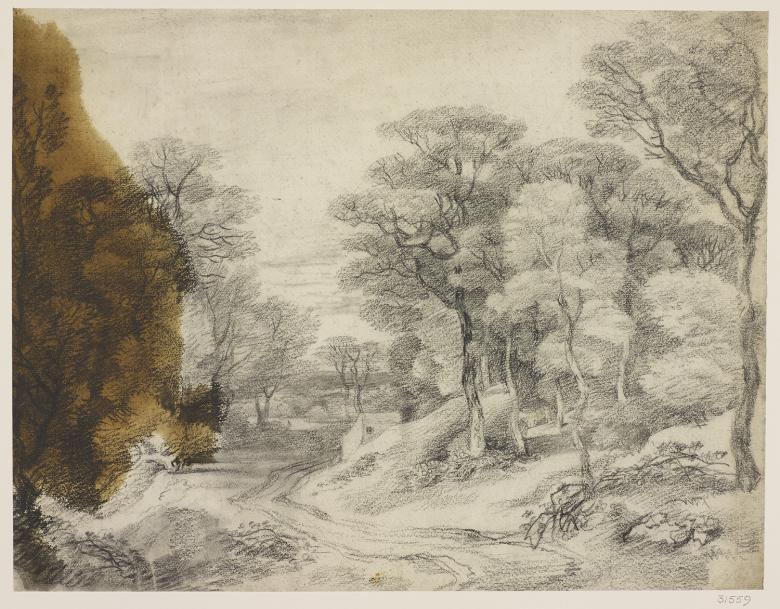 Landscape drawing by Gainsborough with brown blotch of linseed oil along lefthand side of sheet.