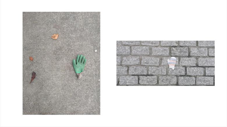 Two photo, one of a green glove lying on the ground, and one of a child's woolen mitten lying on a paved ground.