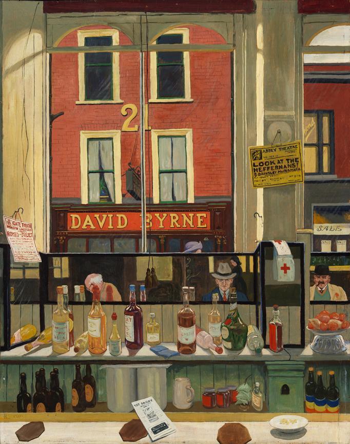 An oil painting showing the view from the perspective of a customer sitting at the bar of the Bailey pub in Dublin, looking out the window to Davy Byrne's opposite.