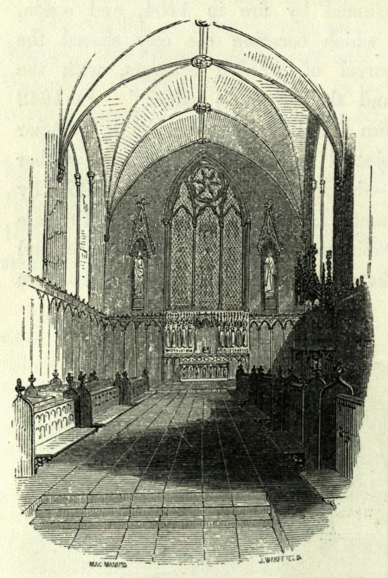 Engraving of the interior of St Patrick's Cathedral with a large shadow cast on the right side