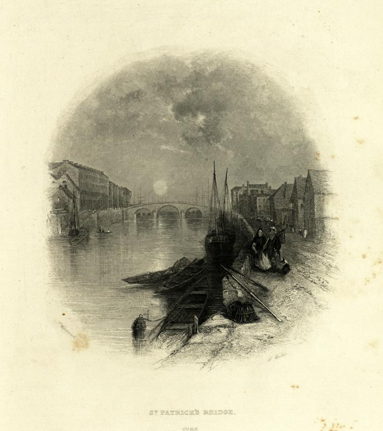 Engraving of St Patrick's bridge on a moonlit night