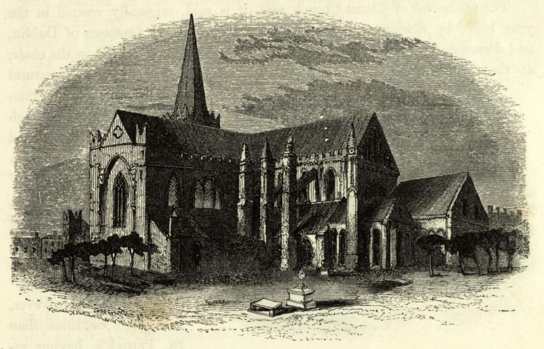 An etching of St Patricks Cathedral on cream coloured paper. 