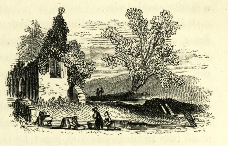 Engraving of people kneeling by a well with a ruined building in the background