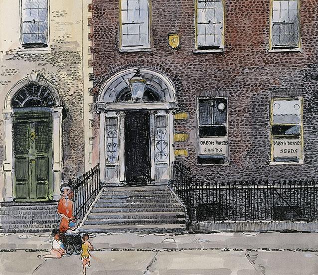 Watercolour of a woman and children on the street outside a Georgian house with signs for Dardis Seeds in the lower two windows