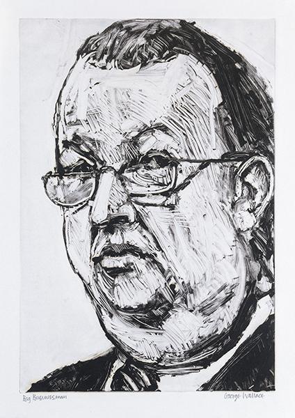 Painting of a man wearing glasses and a stripy tie. The paint is layered on thickly and carved out.